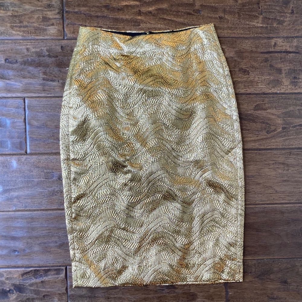 J.Crew Collection 2 Petite Raised Gold Metallic Leaf Print Jacquard Pencil Skirt